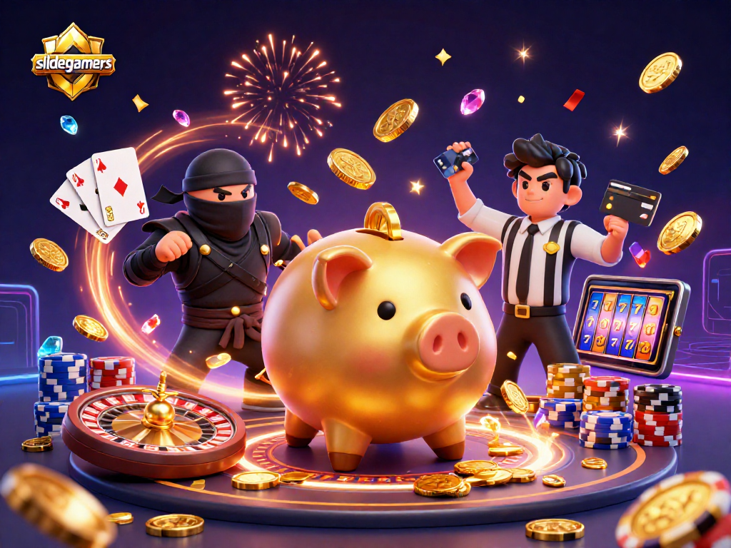 Experience the thrilling gameplay of slidegamers with dynamic characters battling in a vibrant casino scene.