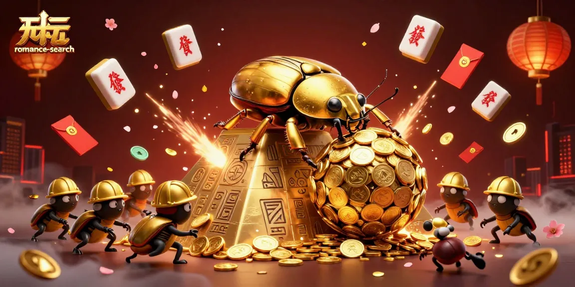 Spin the reels and collect winnings with romance-search, featuring golden beetles and casino symbols.