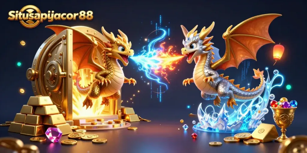 Situsapigacor88 showcases a dynamic scene with twin dragon illustrations unleashing fire and ice amid treasures.