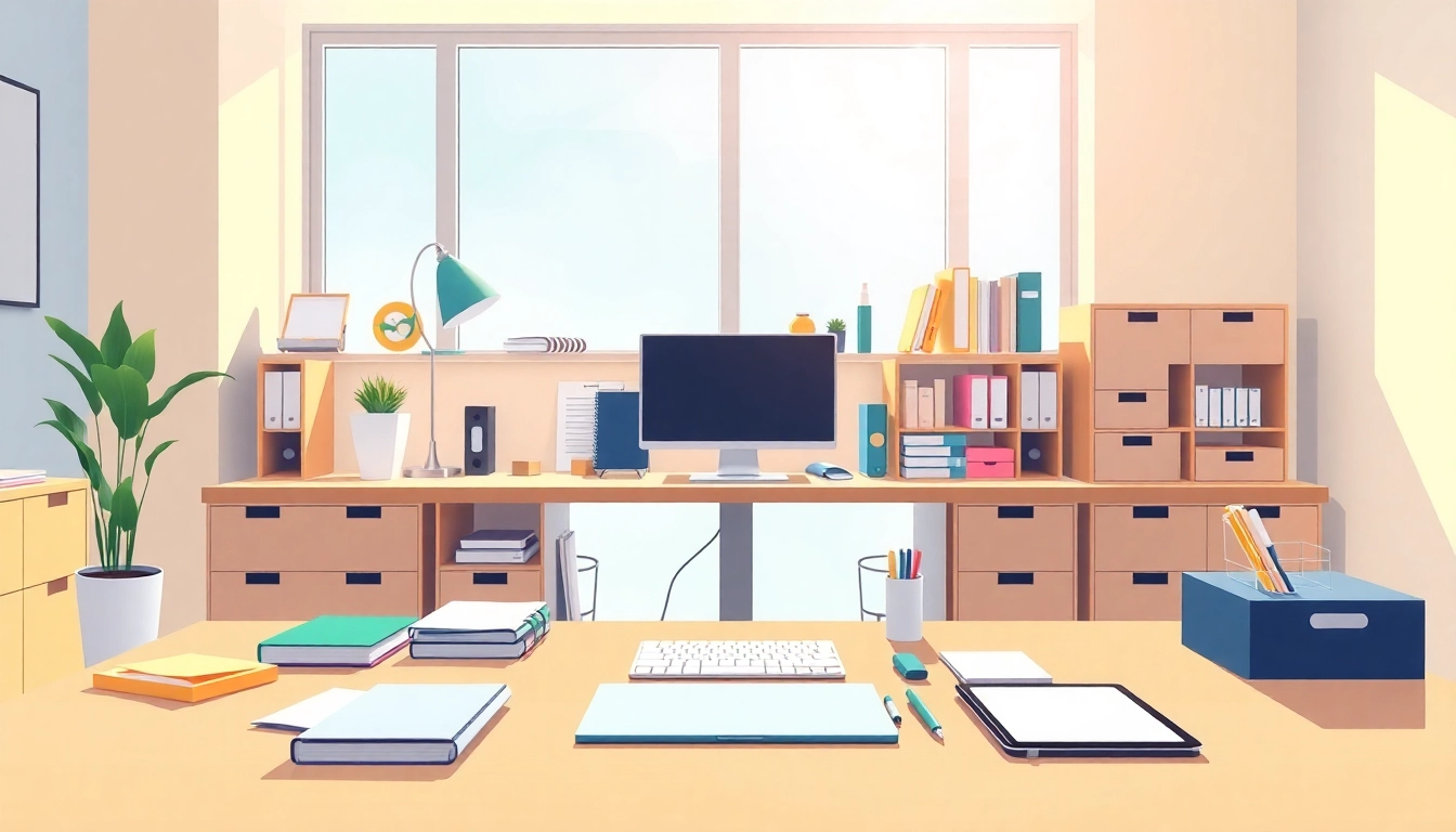 Enhancing Effortless Daily Organization with a modern, productive workspace illustration featuring planners and organization tools.