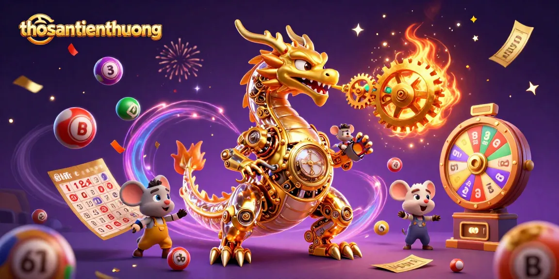 Engage with thosantienthuong's thrilling 3D experience, featuring a golden dragon breathing golden gears alongside colorful lottery elements.