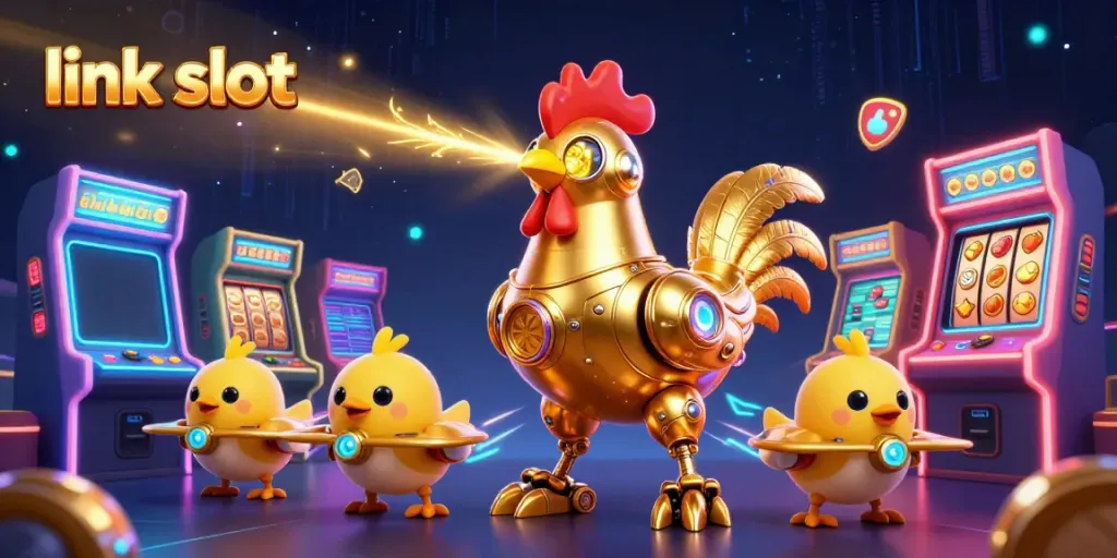 Spin and win with link slot featuring a futuristic golden rooster and baby chick drones in a vibrant casino game scene.