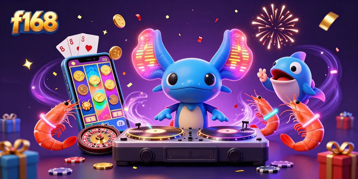 Experience excitement with f168, featuring a neon axolotl DJ spinning casino thrills in an underwater party.