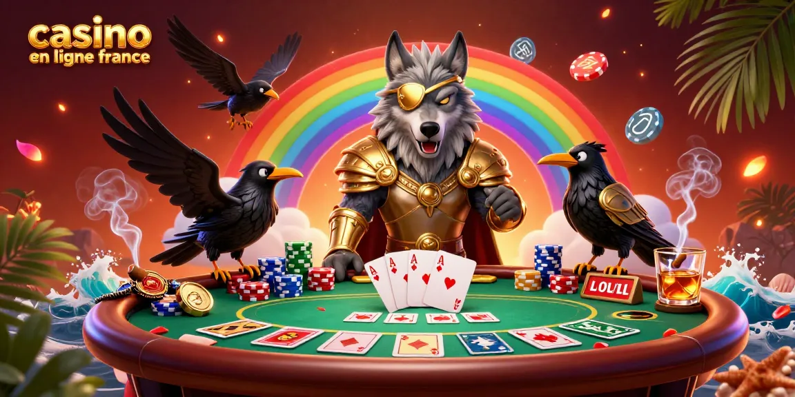 Illustration dynamique représentant le casino en ligne France avec un loup Odin et ses corbeaux sur un pont de jetons.