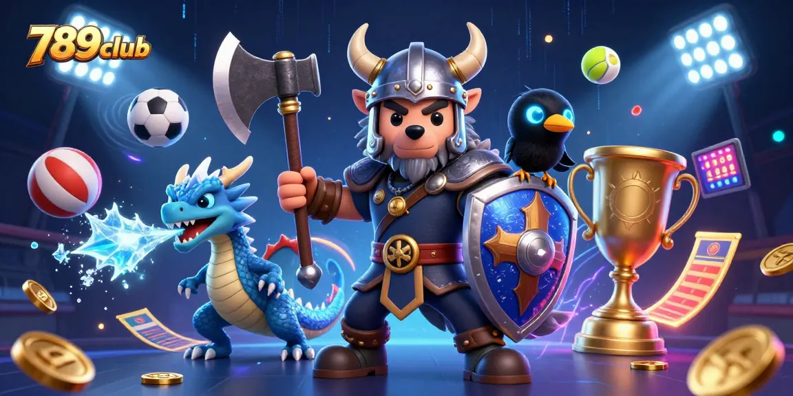 Join the excitement of 789club with a Viking warrior, dragon, and sports elements in a thrilling casino illustration.