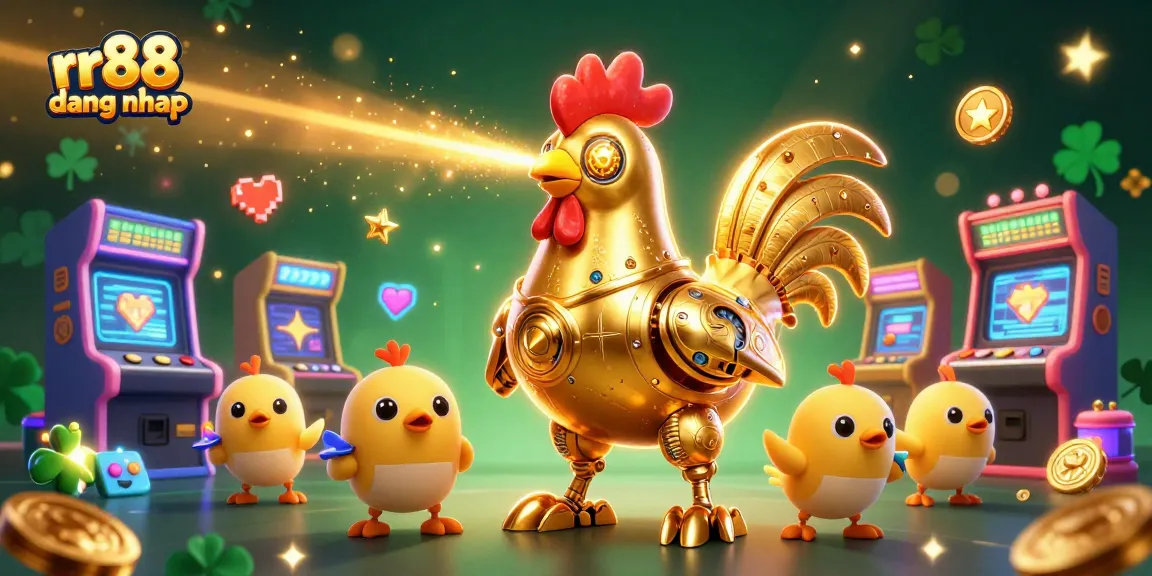 rr88 dang nhap colorful scene featuring a golden rooster robot engaging players in a dynamic gaming environment.