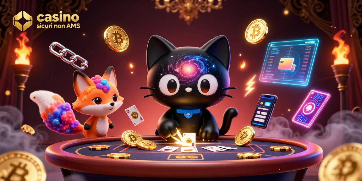 Vincere con i casino sicuri non AAMS: un gatto nero galattico al tavolo, circondato da monete e simboli digitali