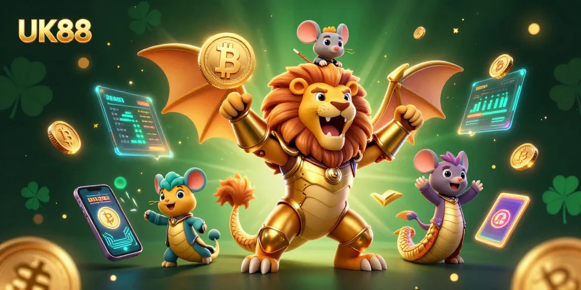 UK88 casino gaming scene with a chimera creature, Bitcoin, and Ethereum elements in a vibrant illustration.