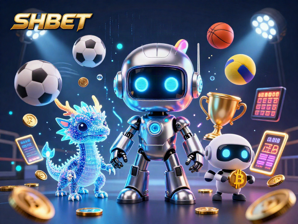 Experience SHBET's dynamic betting world with cyberpunk robot and holographic dragon amid exciting sports elements.