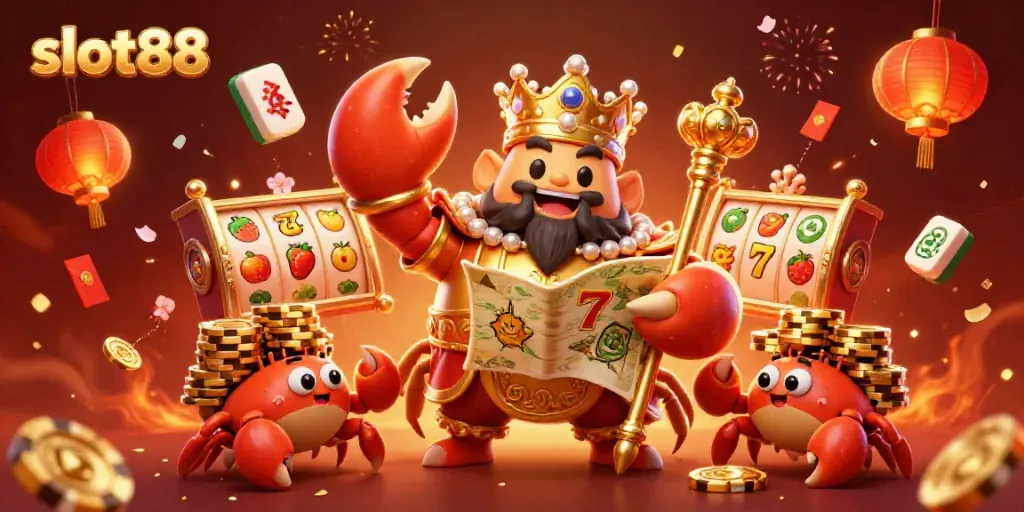 Spin and win with slot88 featuring a golden crab emperor in a vibrant casino scene.