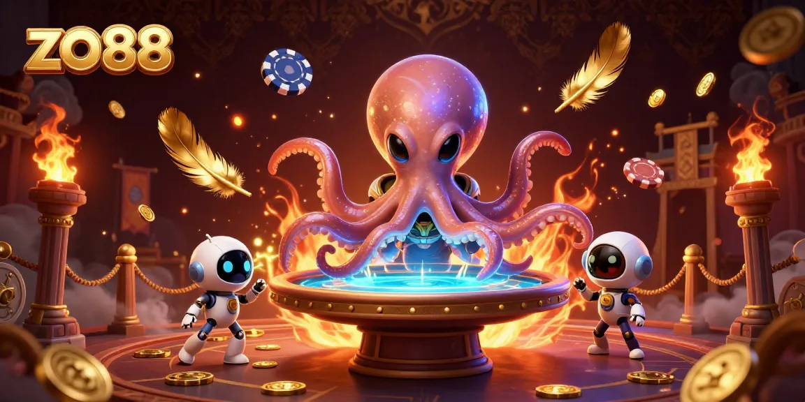 Engage with exciting casino action at zo88 featuring an alien octopus and robot at a poker table.