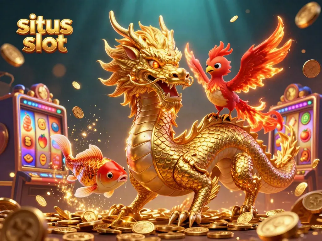 Slot yang seru mengajak pemain beruntung, menampilkan naga emas dan ikan koi yang melompat di atas tujuh keberuntungan.