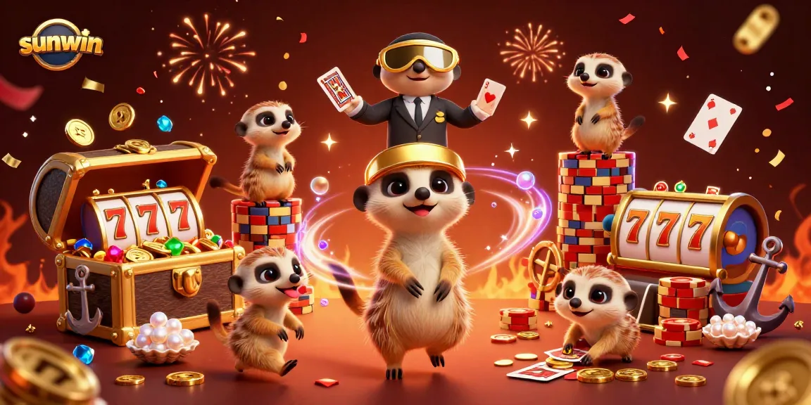 Join the excitement with Sunwin's vibrant casino scene featuring meerkats engaging in games and treasure.