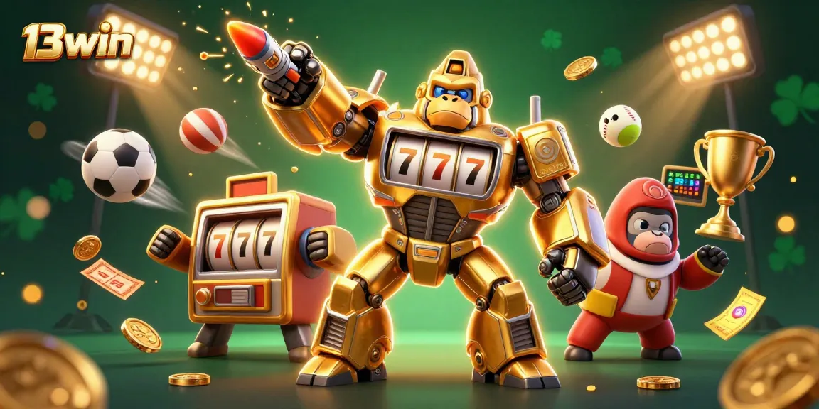 Engage with 13win's thrilling casino experience featuring a golden gorilla mech and dynamic sports elements.