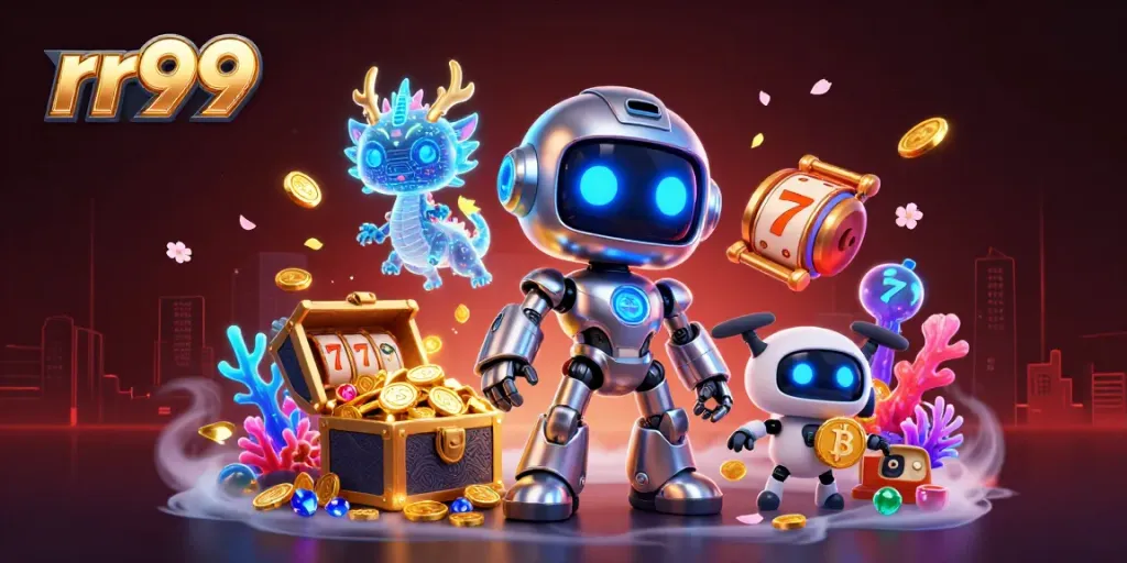 Experience the thrilling world of rr99 with cyberpunk robot and vibrant casino treasures.