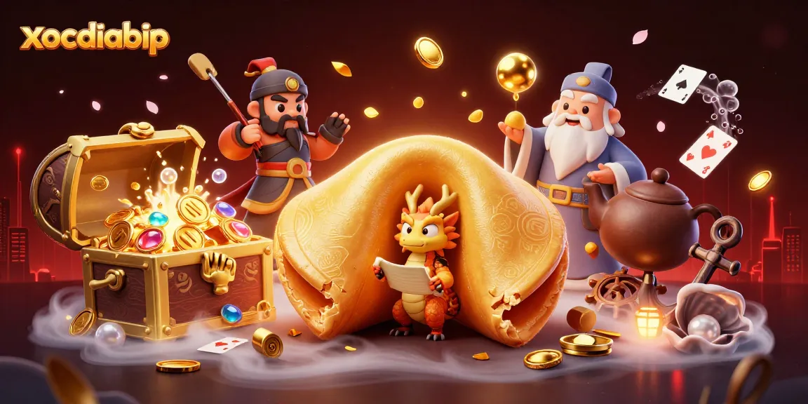 xocdiabip engages players with dynamic 3D illustration of fortune cookie and dragons in a rich gambling scene.