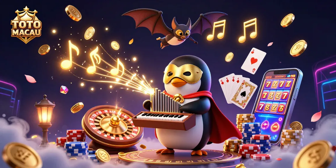 TOTO MACAU captivates players with a whimsical 3D casino scene featuring a penguin, bat acrobat, and golden coins.