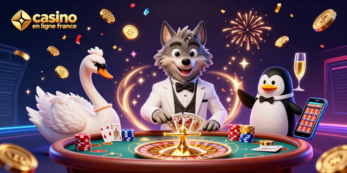 Illustration dynamique de casino en ligne France avec un loup, un cygne et un pingouin dans un décor festif.