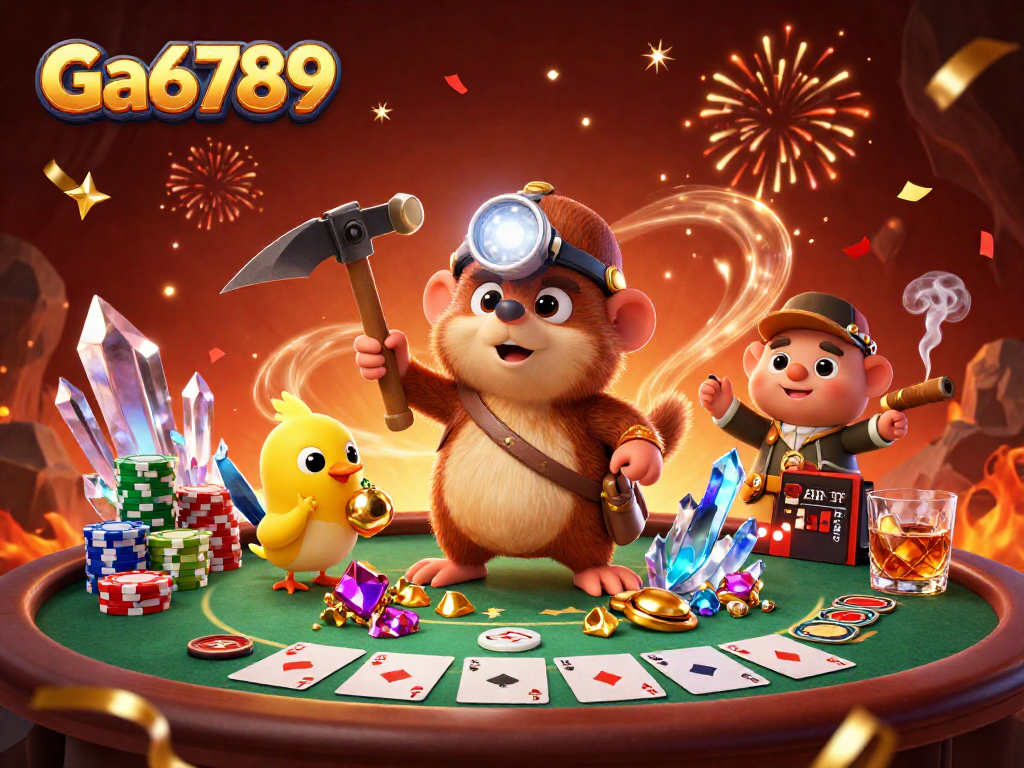 Experience Ga6789 with a lively poker scene featuring a treasure hunter mole and gems.