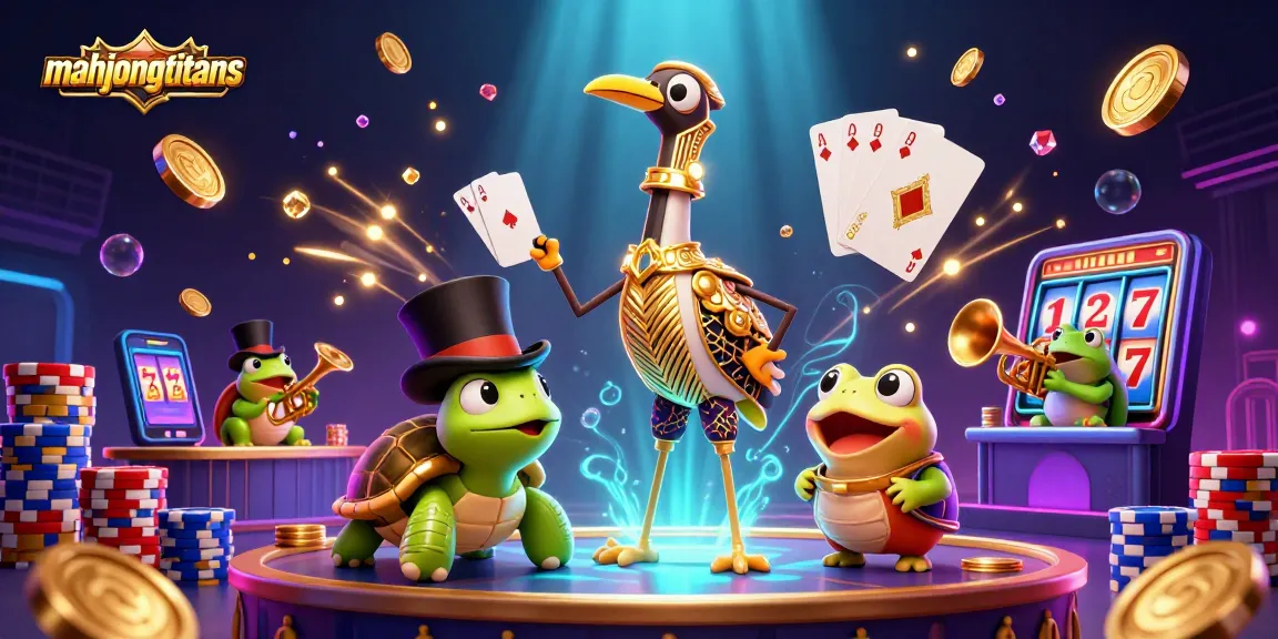 Engage with mahjongtitans in this lively 3D illustration featuring whimsical characters and vibrant casino elements.