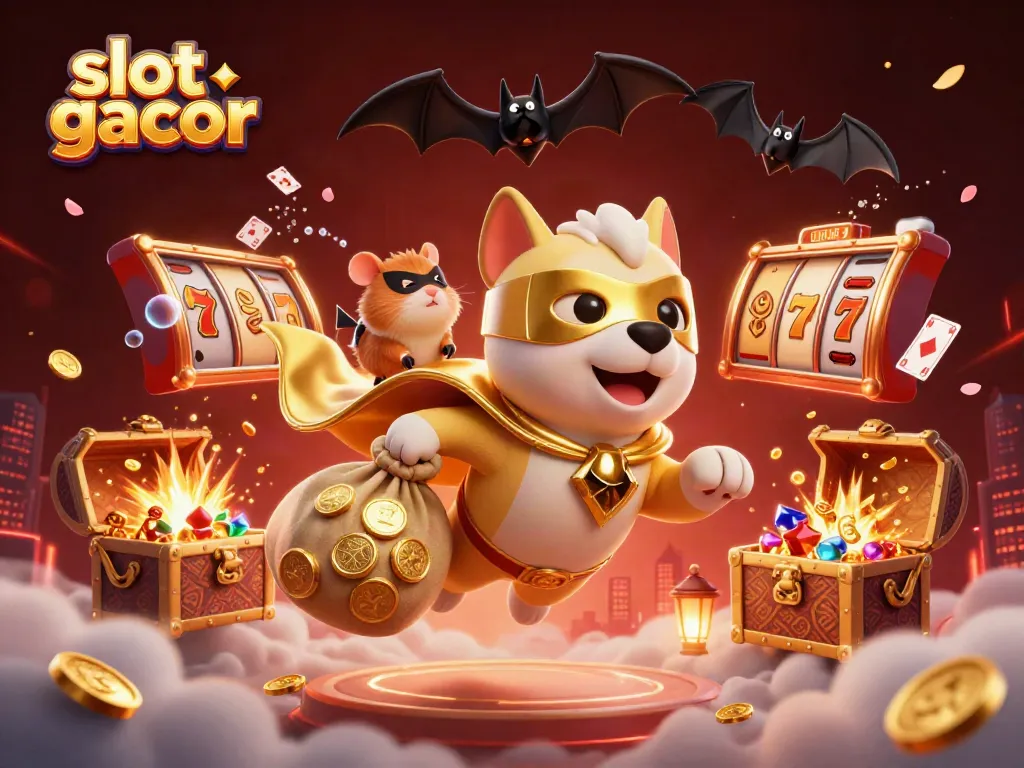 Engage with slot gacor through this vibrant scene featuring a heroic dog and hamster amongst dynamic casino elements.