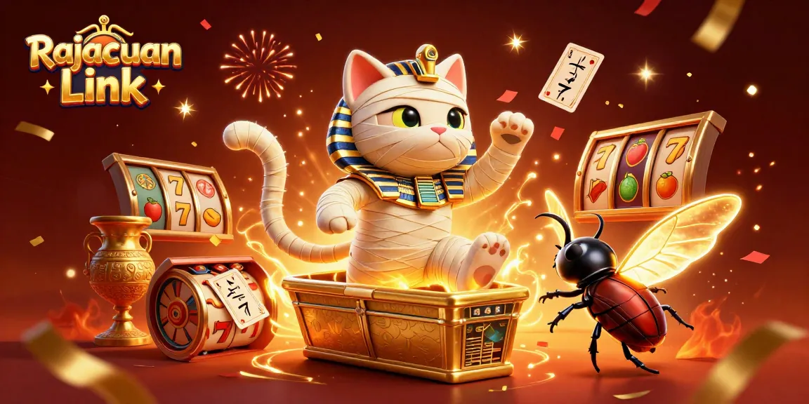 Menangkan jackpot dengan Rajacuan Link di kasino bertema piramida, penuh simbol slot keberuntungan yang memukau.