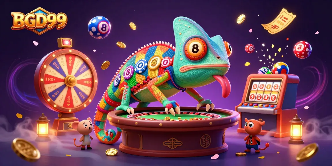 Engage with BGD99's exciting casino experience with a dynamic chameleon owner surrounded by vibrant games and rewards.