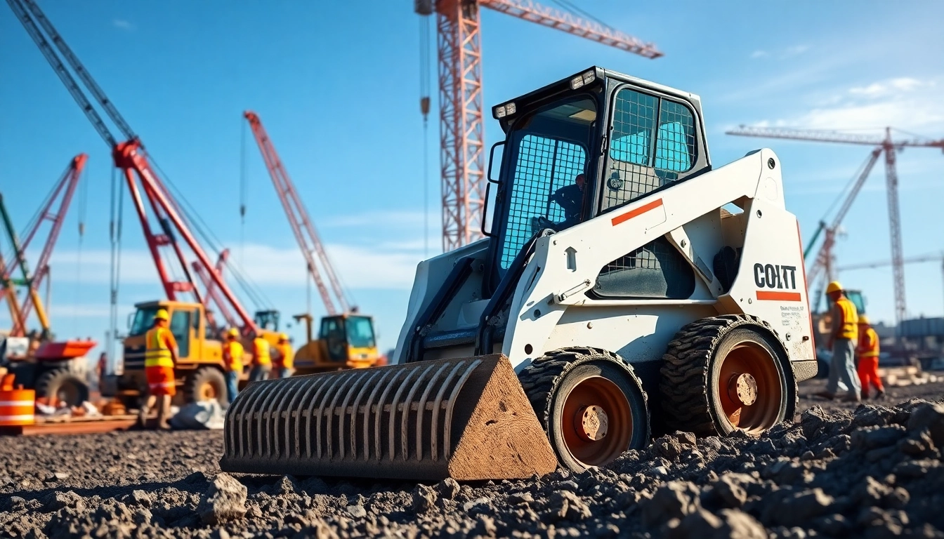 Bobcat lifting materials on a construction site with workers observing safety protocols.
