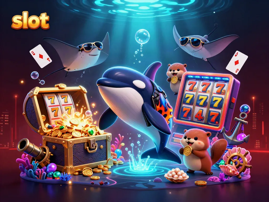 Slot mesin bertema kasino dengan orca, stingray, dan beruang laut yang membawa koin emas.