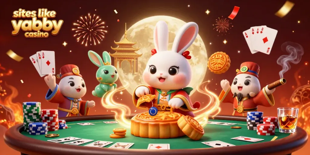 Experience gaming excitement at sites like yabby casino, where poker meets lunar folklore in a vibrant illustration.