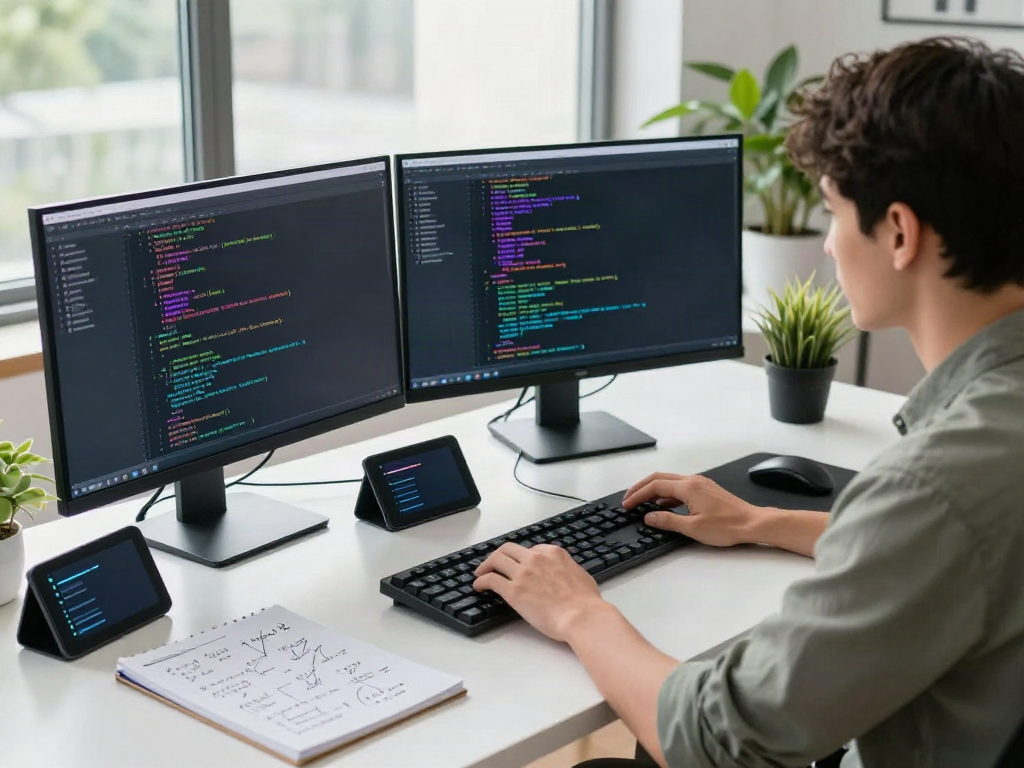 v2rayN官网 tech workspace showcasing a developer coding with dual monitors and modern equipment