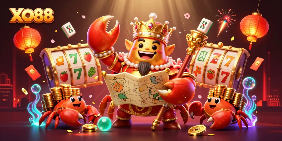 Experience the thrilling world of XO88 with a vibrant casino-themed illustration showcasing a golden crab emperor.
