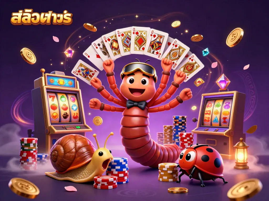 Spin the reels with สล็อตทดลอง, as a cartoon millipede dealer fans playing cards in a vibrant casino scene.