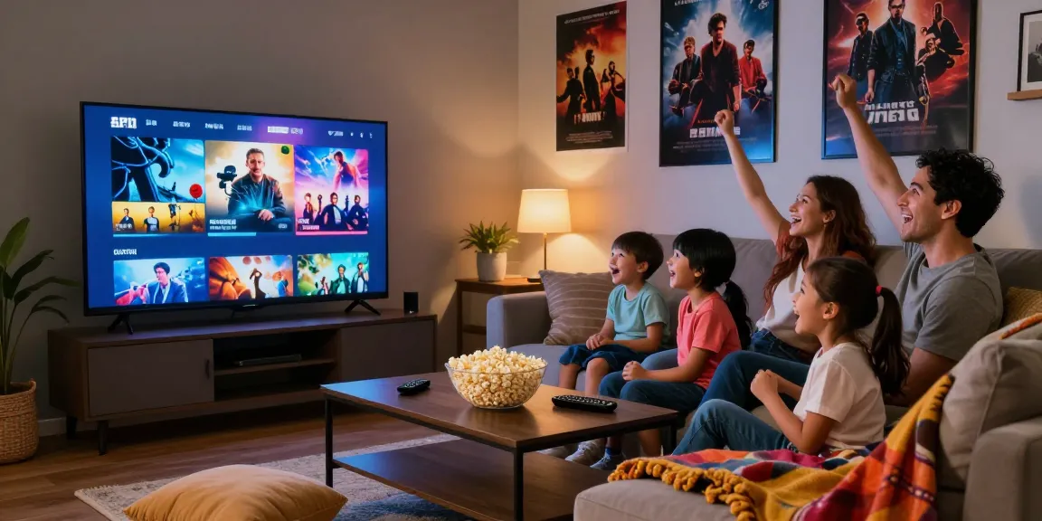Family enjoying dez pila streaming service during cozy movie night at home.