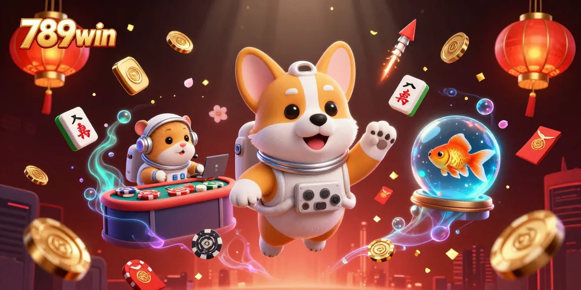 Experience the fun of floating 789win casino games with a playful astronaut corgi and a friendly hamster!