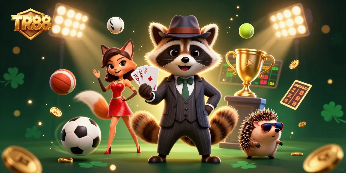 Engaging 3D illustration showcasing TR88 with a suave raccoon, fox, and hedgehog in a vibrant casino scene.