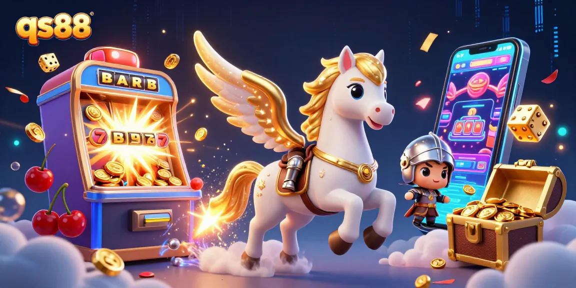 Experience the thrilling qs88 adventure with a celestial horse and a jackpot explosion in this vibrant casino scene.