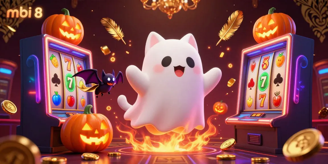 Experience thrilling gaming at mbi 8 with a friendly ghost cat and vibrant slot machines.