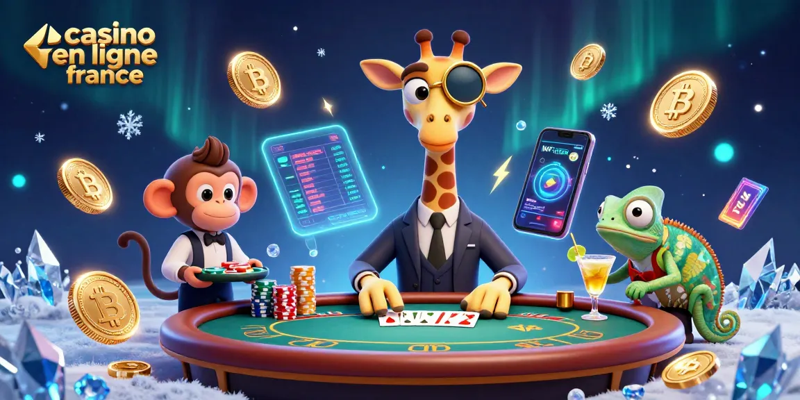 Jeu de poker animé avec une girafe, rénovant l'expérience casino en ligne France, entouré de pièces de crypto-monnaie.