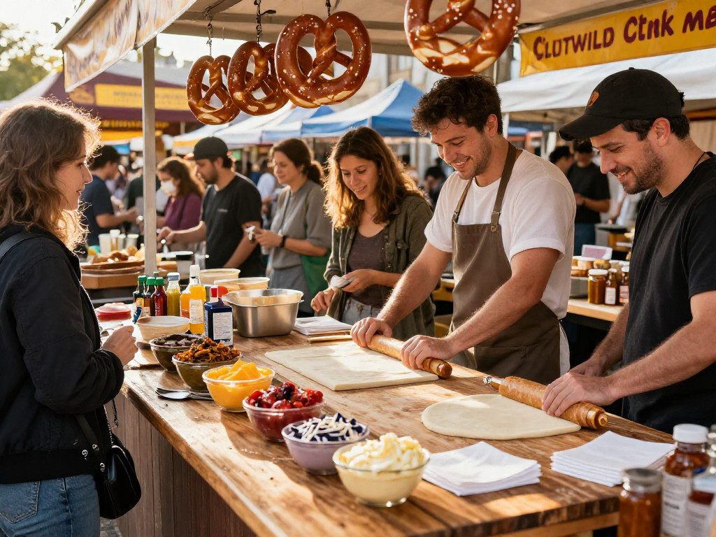 Enjoying the best pretzel with cheese dip near me at a vibrant food market.