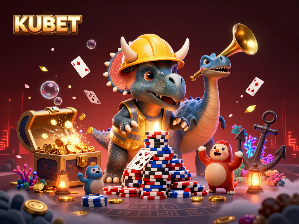 KUBET celebrates with a vibrant 3D illustration of playful dinosaurs building poker chip pyramids in an underwater casino.