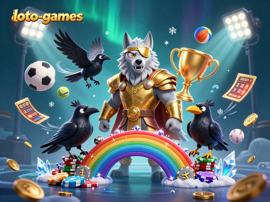 Loto-games sports betting scene featuring Odin wolf and raven characters amidst vibrant casino elements.