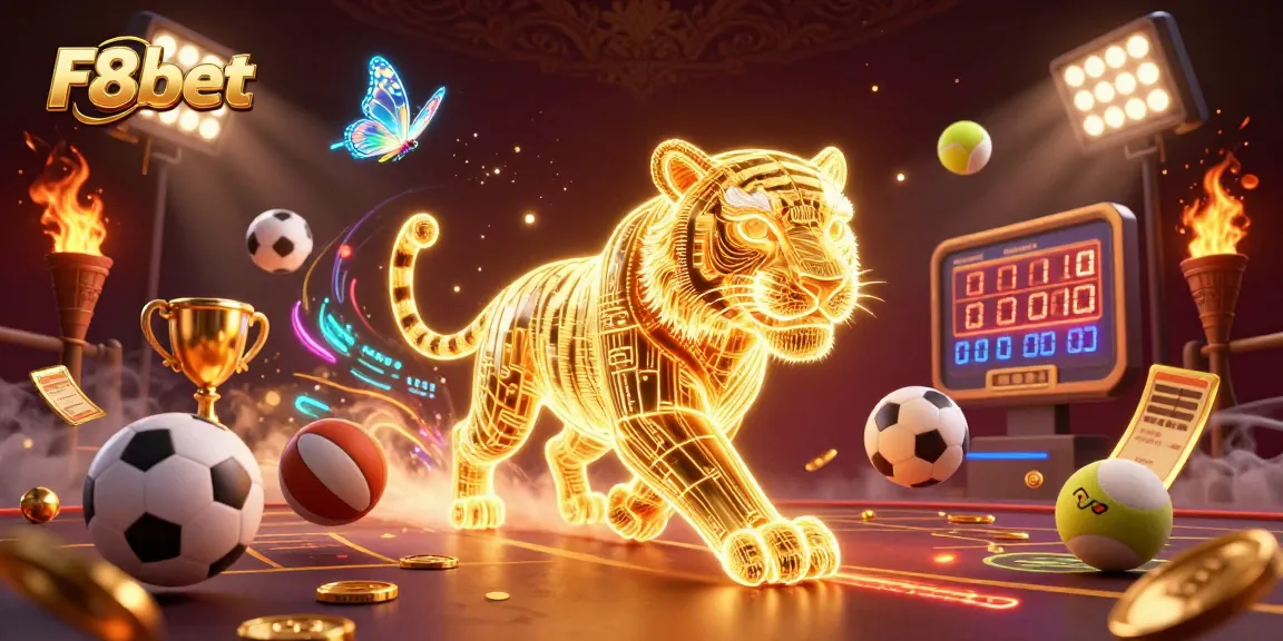 Engage with dynamic gaming fun at F8bet, featuring a neon-wireframe tiger in a vibrant casino scene.