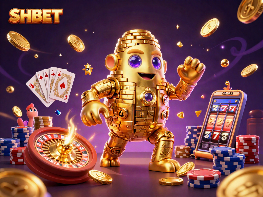 SHBET's thrilling casino experience illustrated with a golden golem surrounded by dynamic game elements.