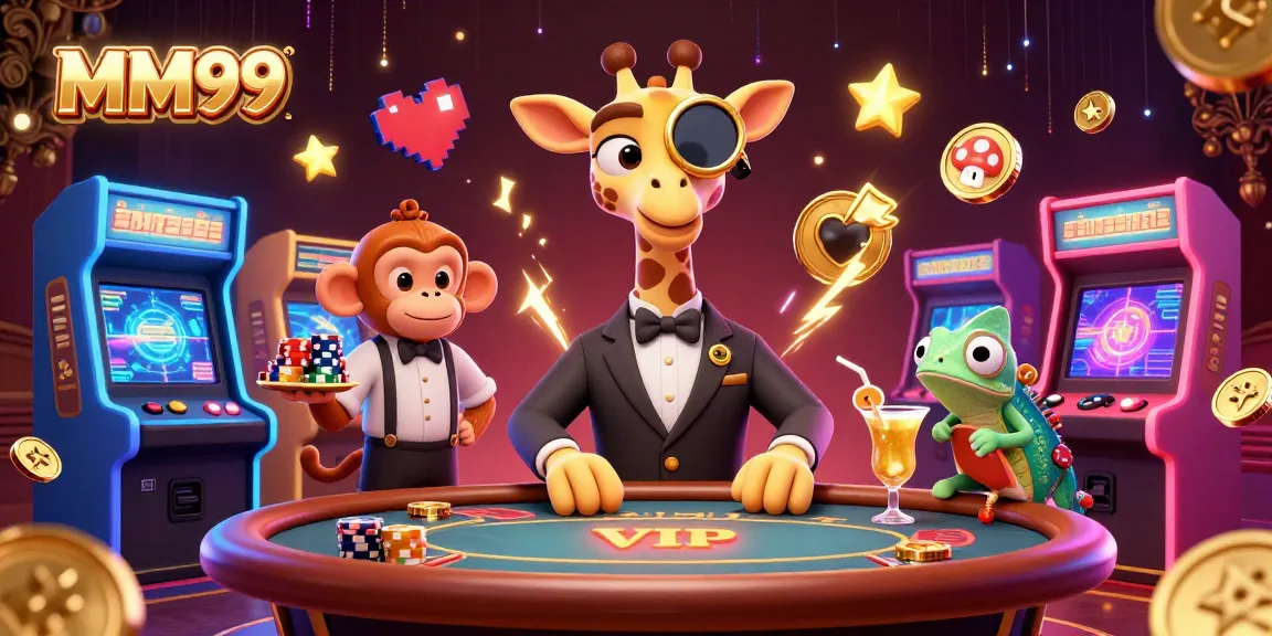 Experience MM99's vibrant casino atmosphere with colorful 3D elements, engaging characters.