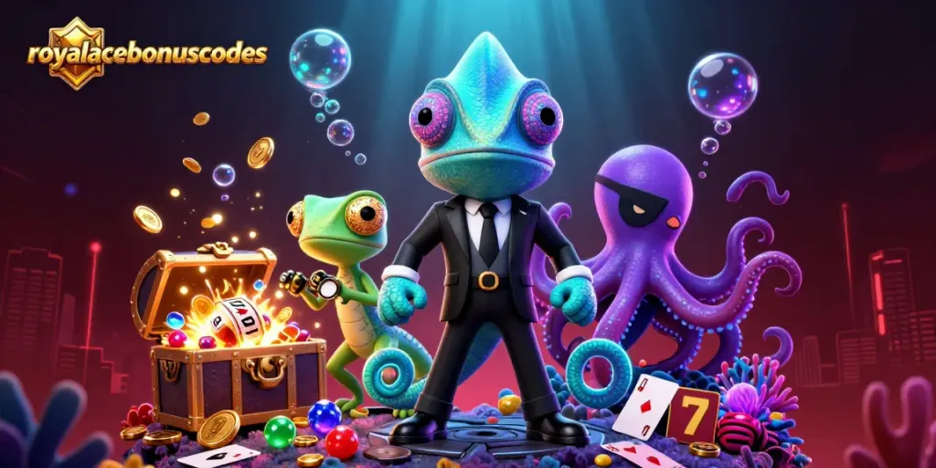 Play with royalacebonuscodes in a vibrant casino adventure scene featuring a chameleon, gecko, and octopus.