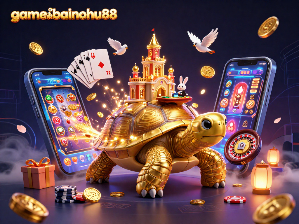 Win big at gamebainohu88 with unique casino-themed 3D illustration showcasing vibrant gaming elements.