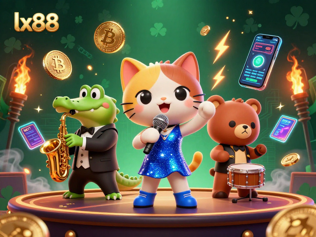 Experience the excitement of lx88 with lively casino characters amidst vibrant digital gaming elements.