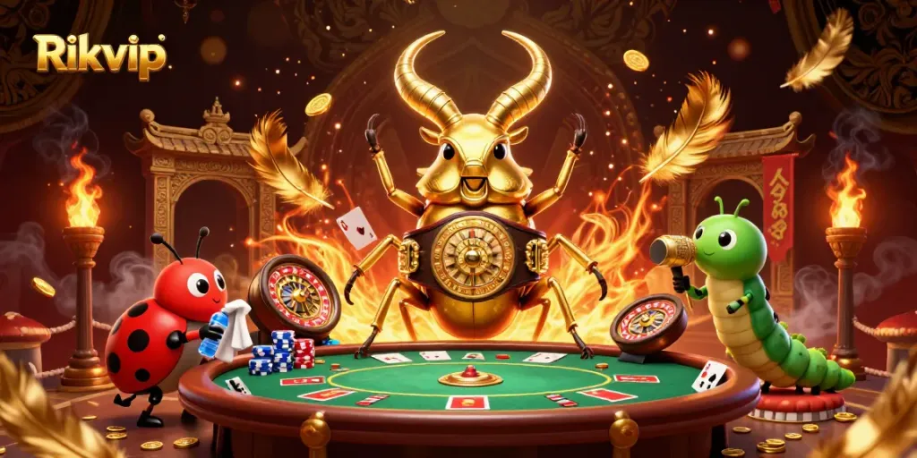 Experience thrilling gameplay in Rikvip with vibrant casino elements surrounding lively characters.