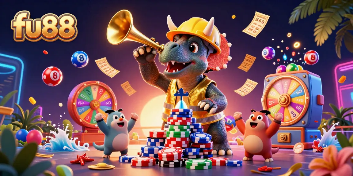 fu88 casino scene with a triceratops building poker chip pyramid, dynamic lottery elements